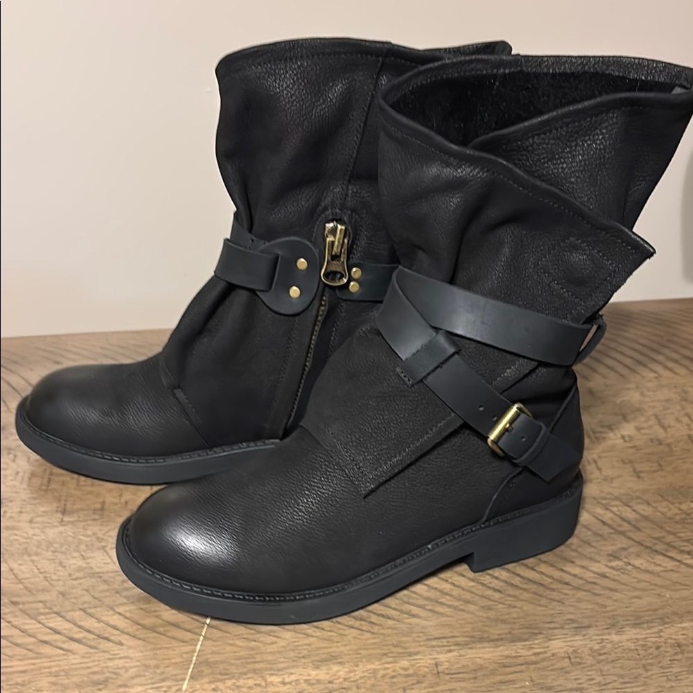 Black Combat Boots with Buckle Strap and Side Zipper - Picture 3 of 5